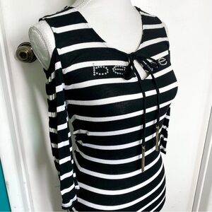 bebe Black and White Striped Dress with Swarovski Crystals Cold Shoulder…